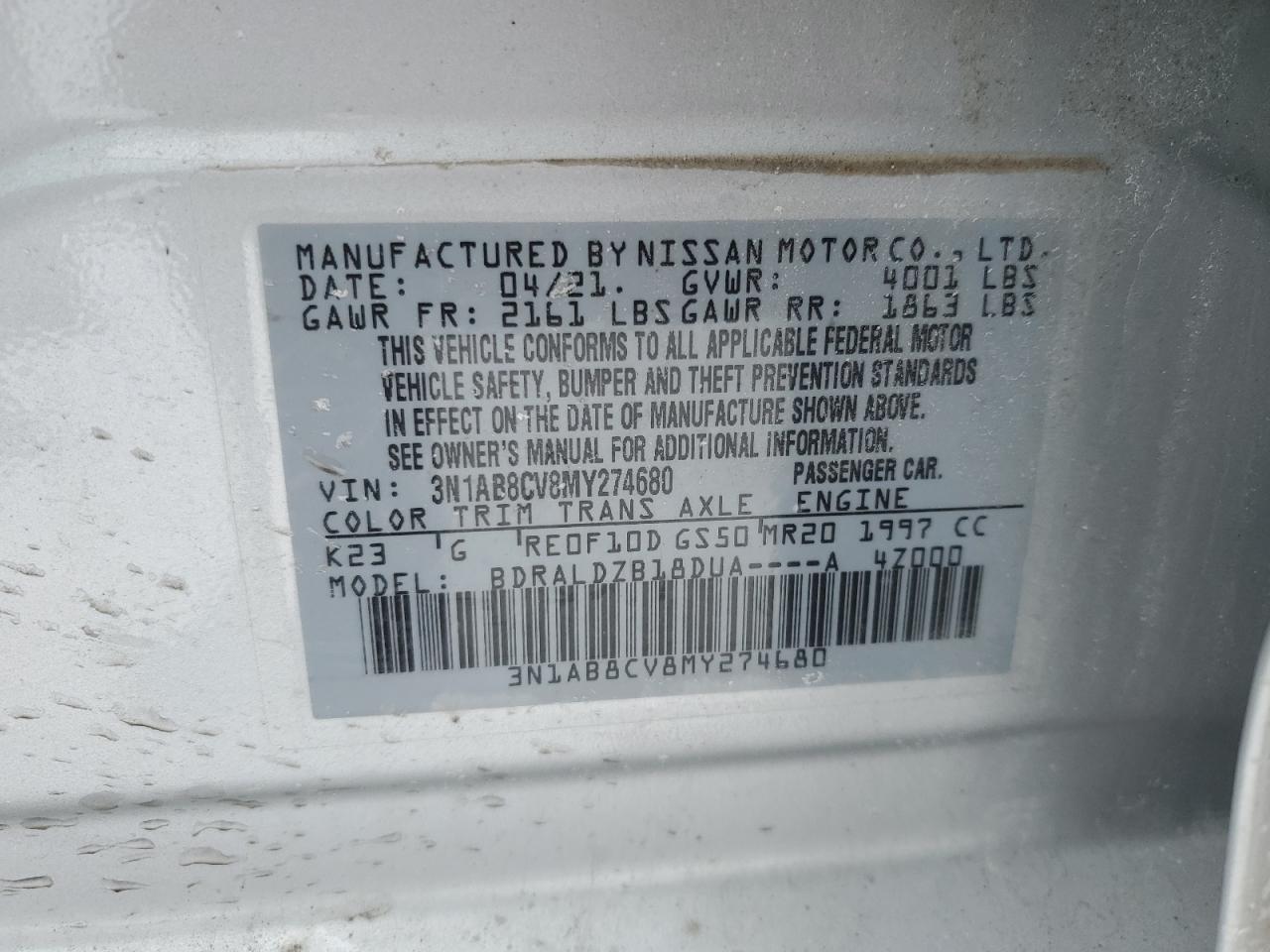 3N1AB8CV8MY274680 NISSAN SENTRA 2021