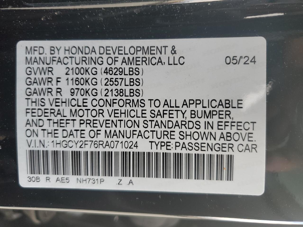 1HGCY2F76RA071024 HONDA ACCORD 2024