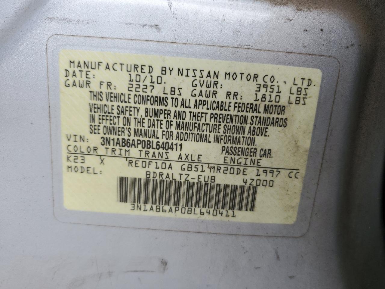 2011 Nissan Sentra 2.0 VIN: 3N1AB6AP0BL640411 Lot: 44355245