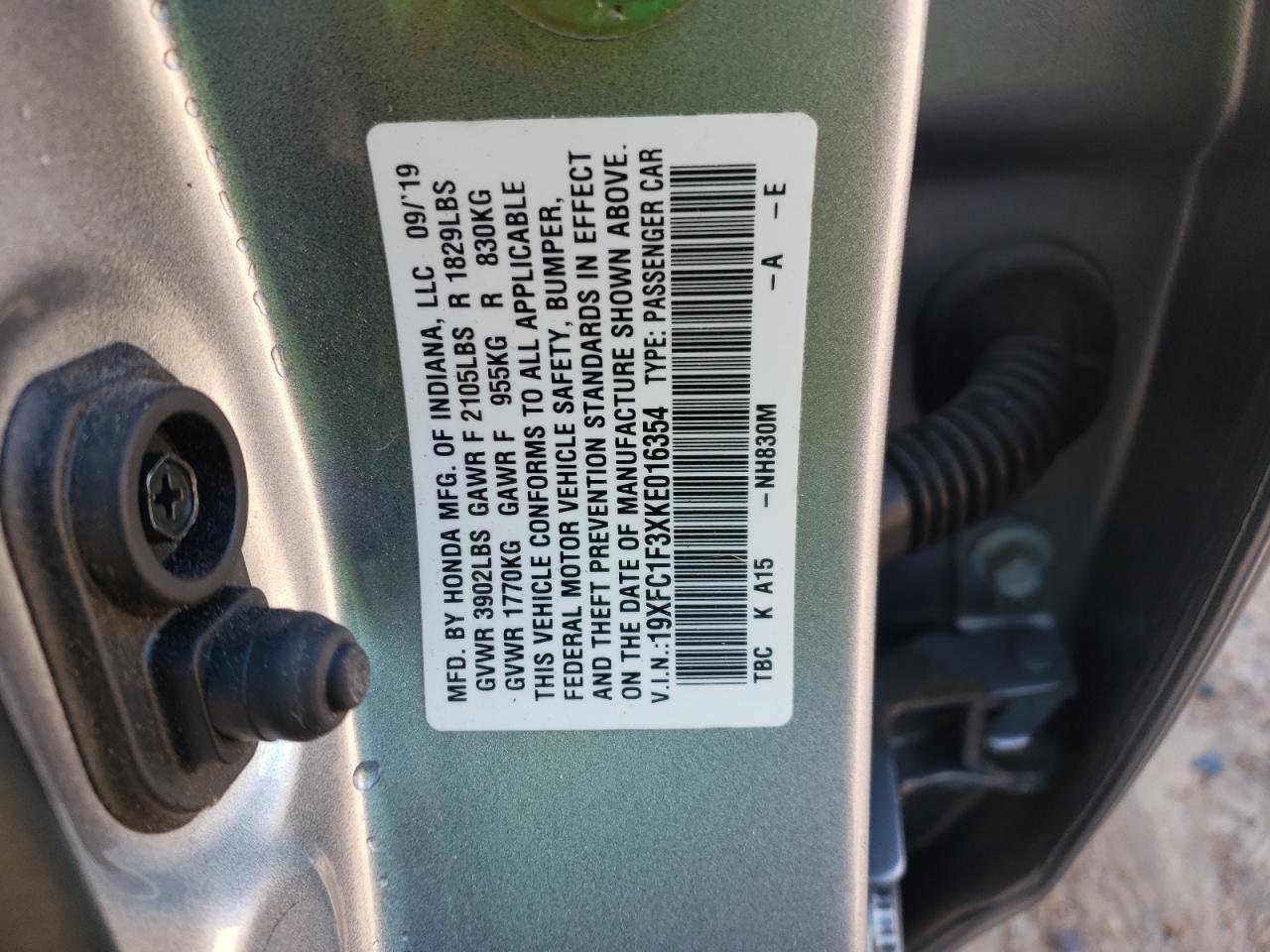 19XFC1F3XKE016354 HONDA CIVIC 2019