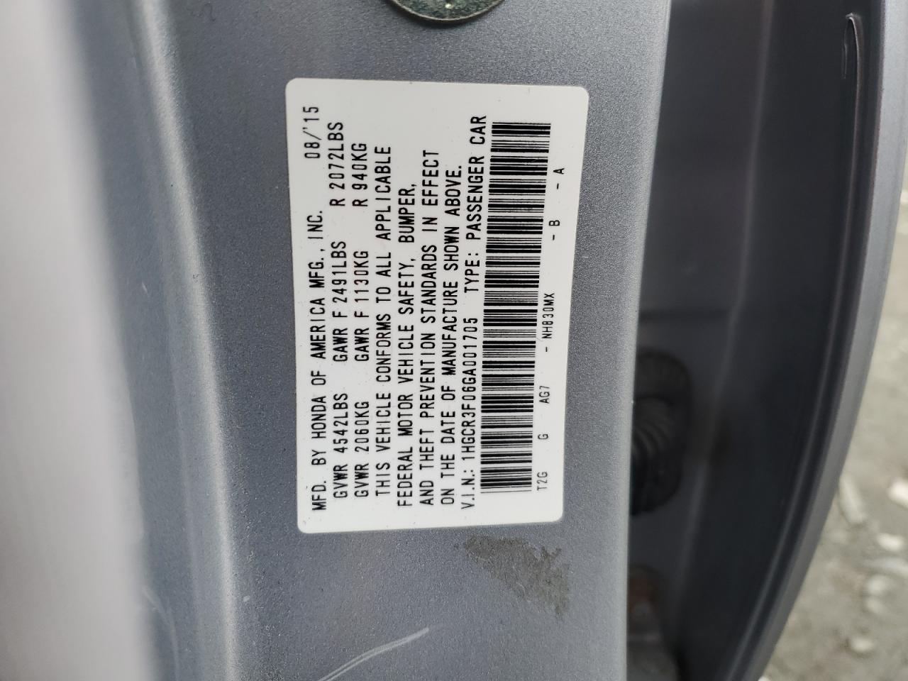 1HGCR3F06GA001705 HONDA ACCORD 2016