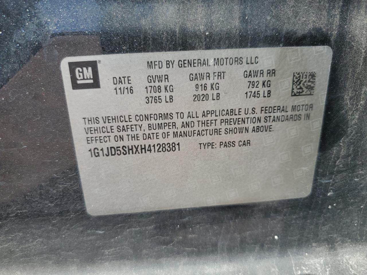 1G1JD5SHXH4128381 CHEVROLET SONIC 2017
