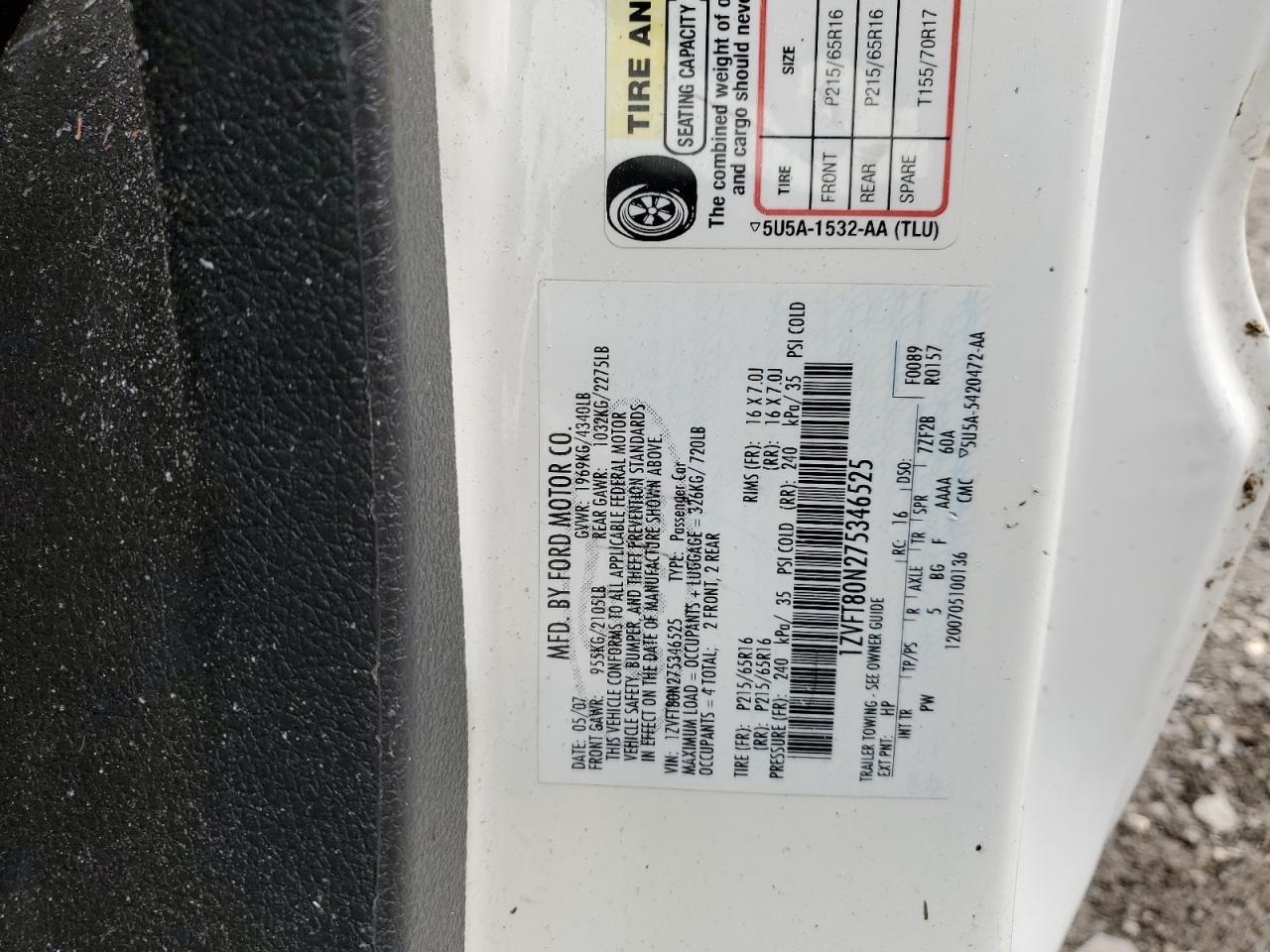 2007 Ford Mustang VIN: 1ZVFT80N275346525 Lot: 44055165