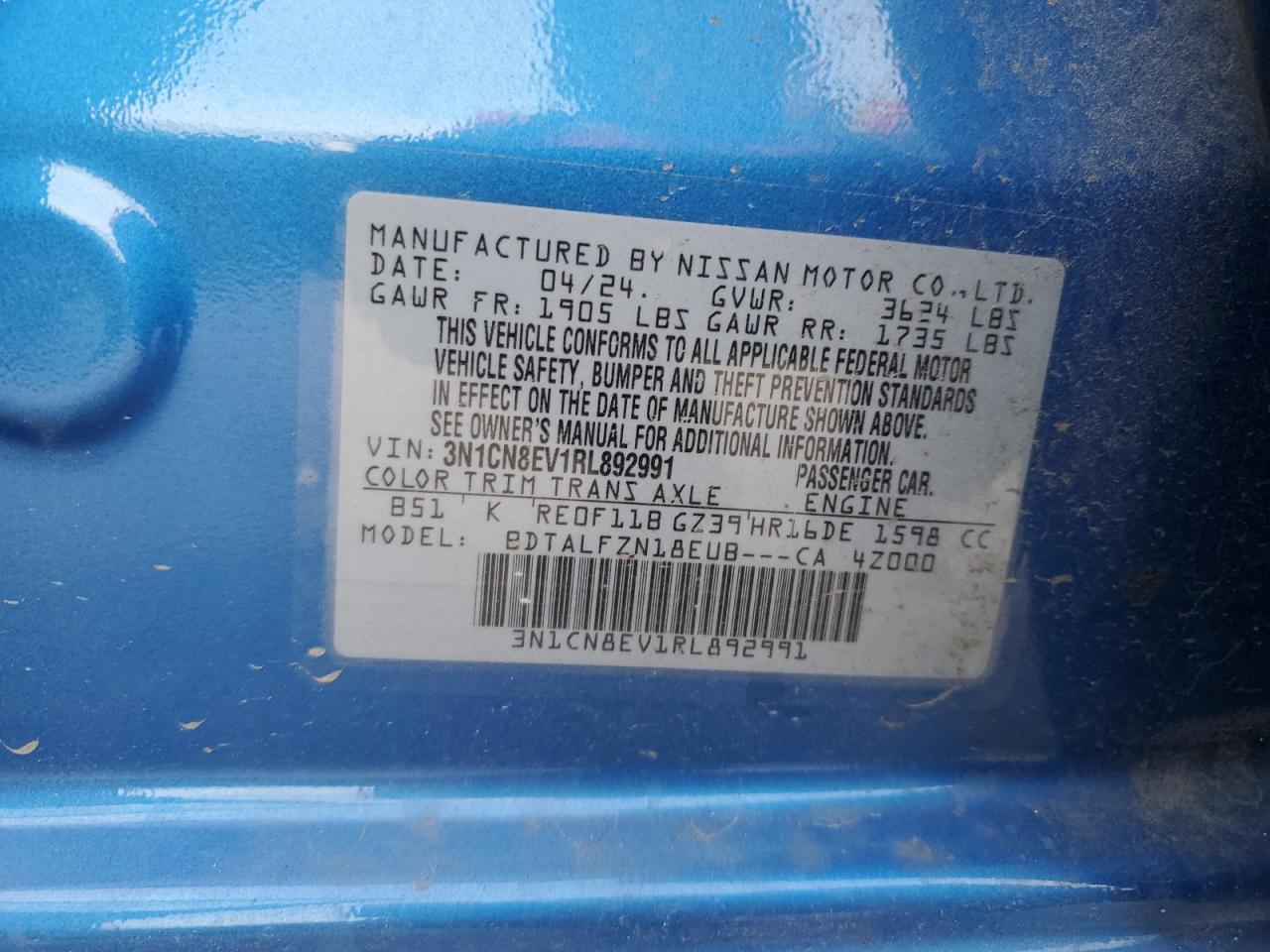 3N1CN8EV1RL892991 NISSAN VERSA 2024