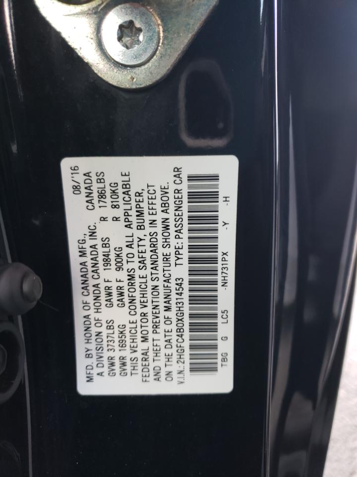 2HGFC4B0XGH314543 HONDA CIVIC 2016