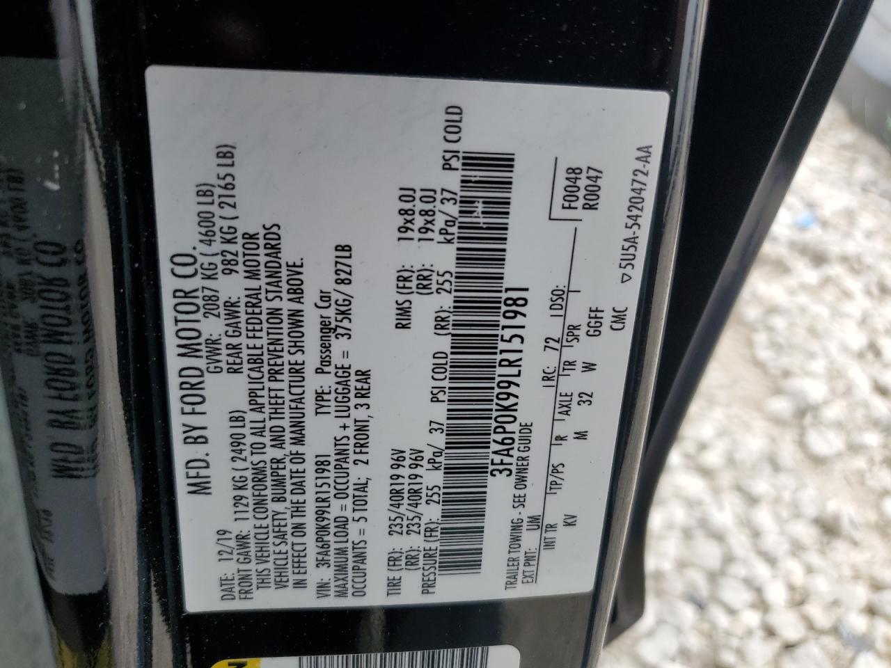 3FA6P0K99LR151981 FORD FUSION 2020