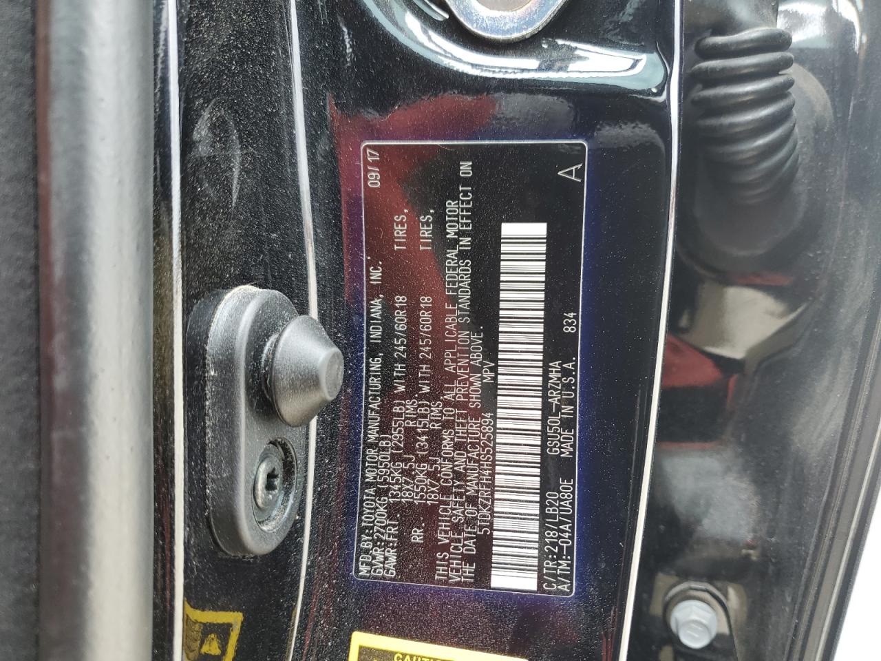 5TDKZRFH4HS525894 TOYOTA HIGHLANDER 2017
