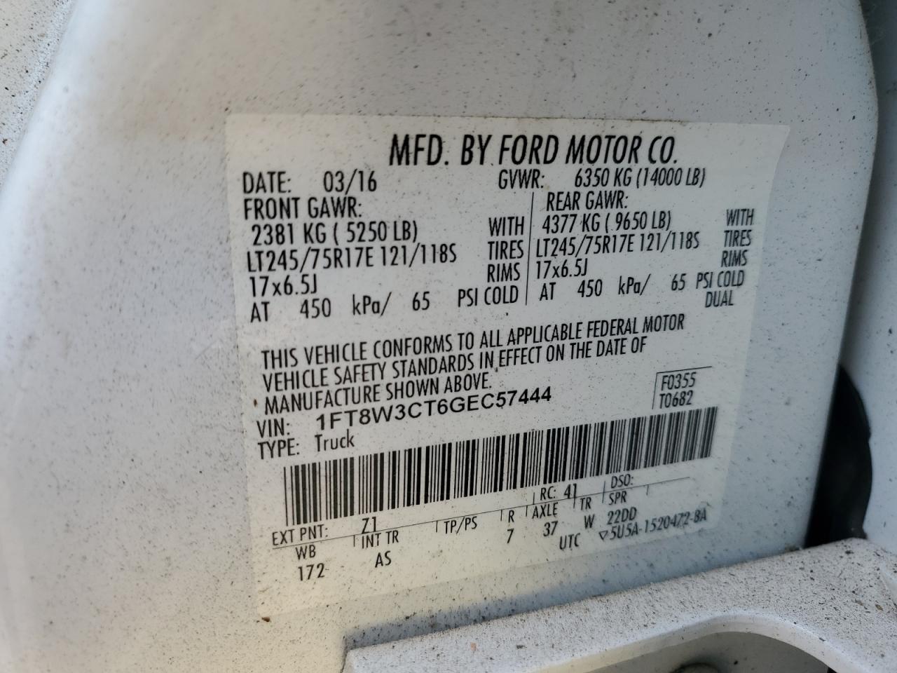 1FT8W3CT6GEC57444 FORD F350 2016