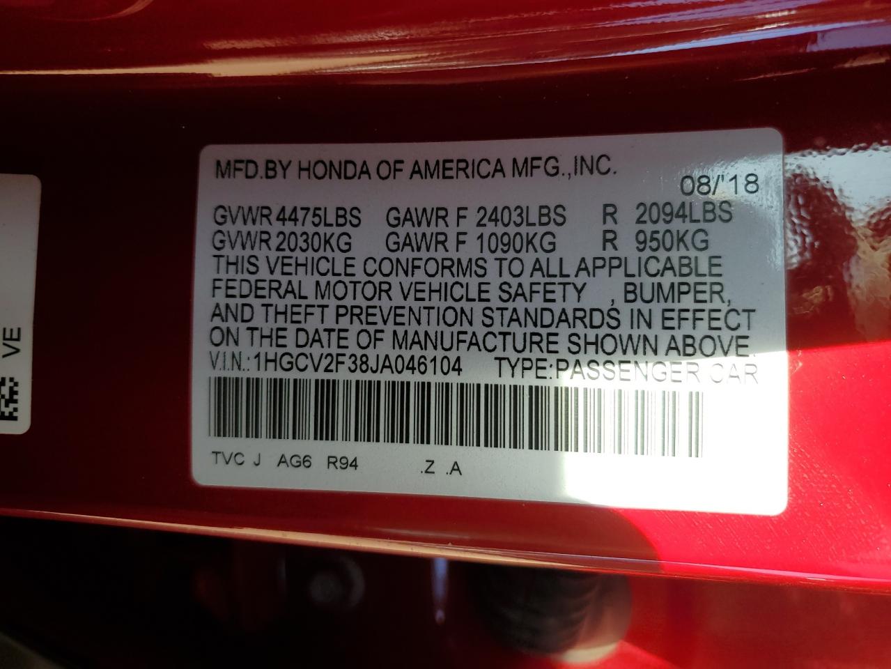 1HGCV2F38JA046104 HONDA ACCORD 2018