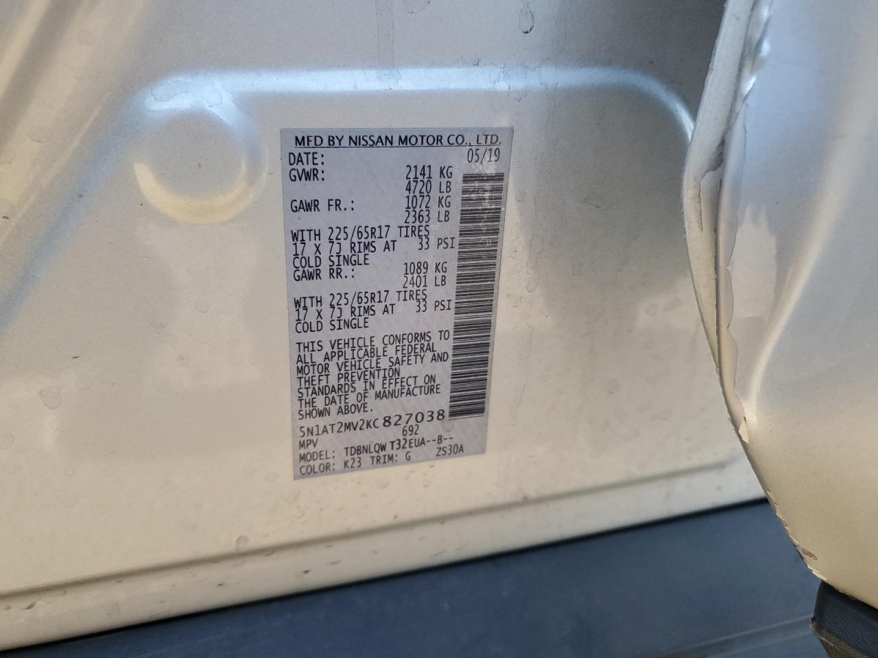 5N1AT2MV2KC827038 NISSAN ROGUE 2019