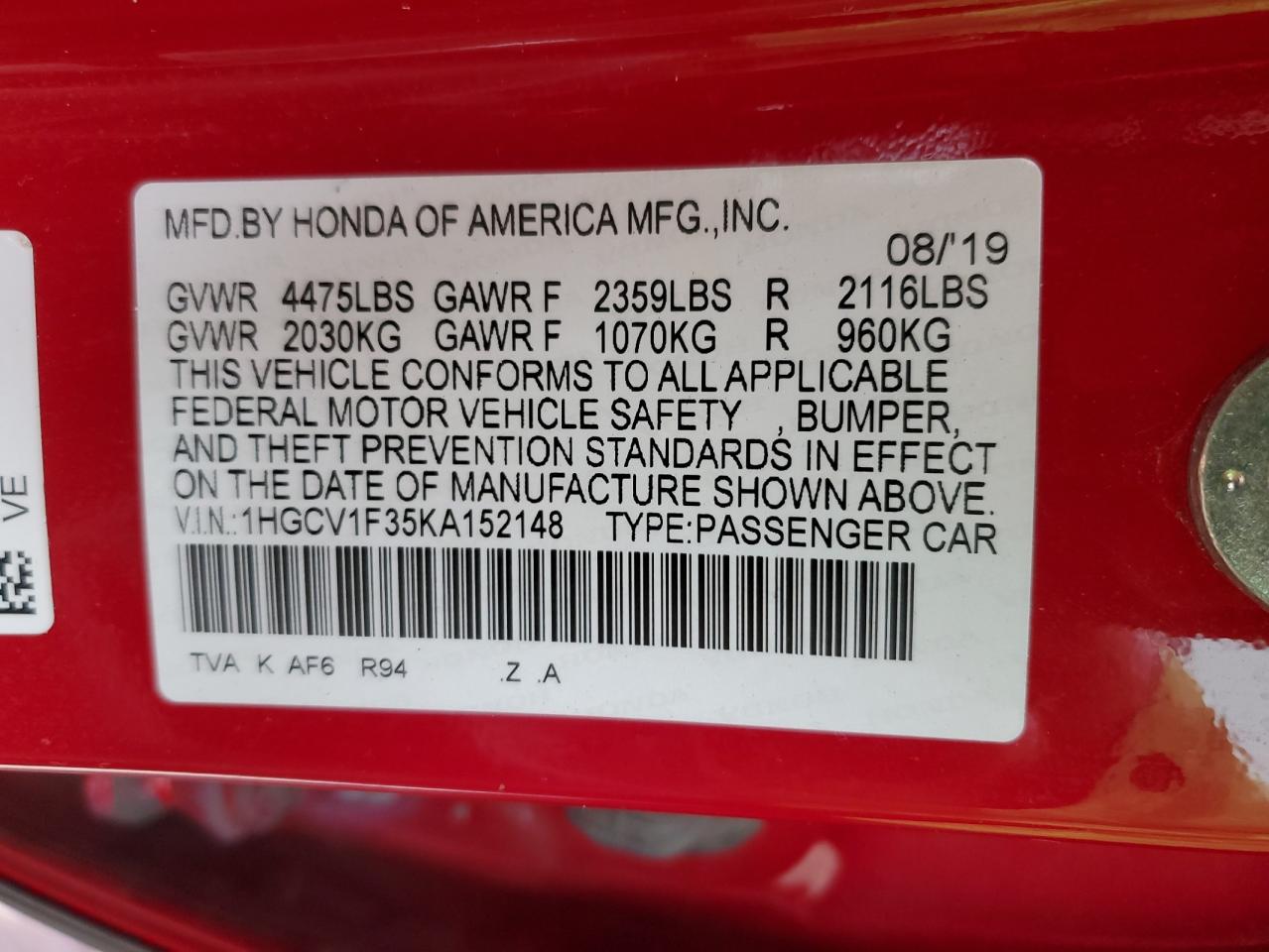 1HGCV1F35KA152148 HONDA ACCORD 2019