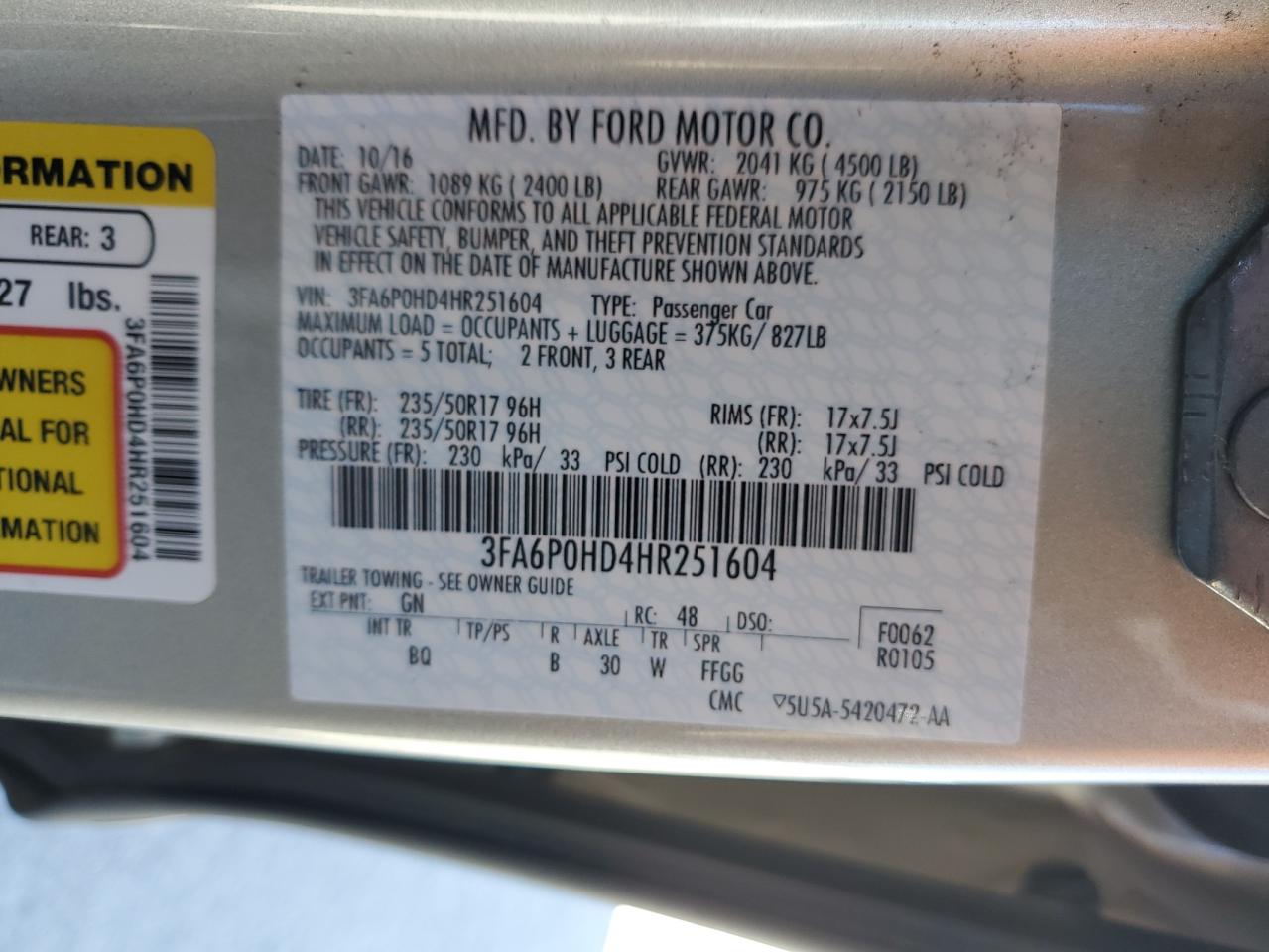 3FA6P0HD4HR251604 FORD FUSION 2017
