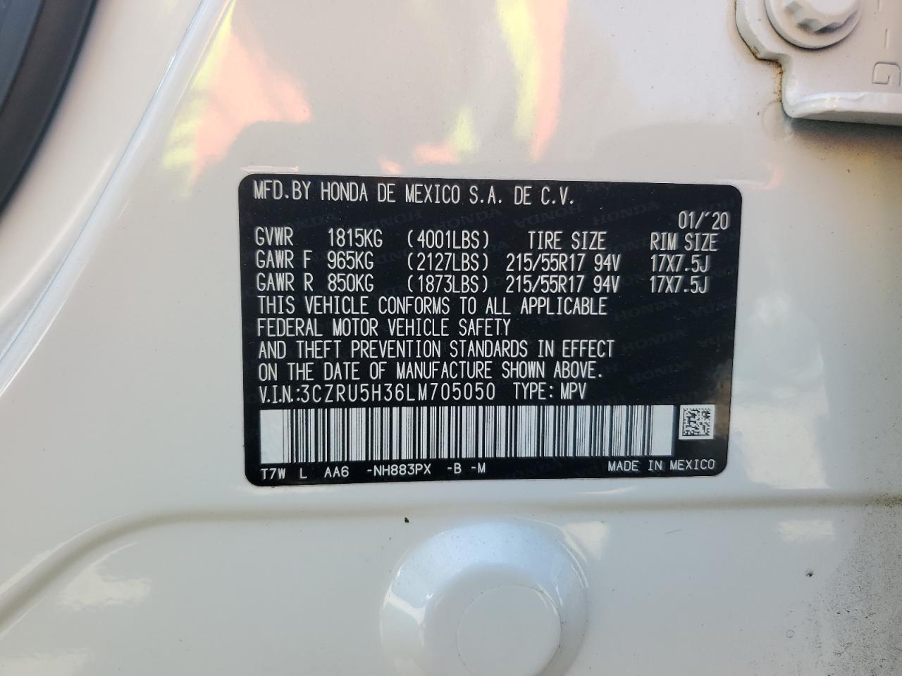 3CZRU5H36LM705050 HONDA HR-V 2020