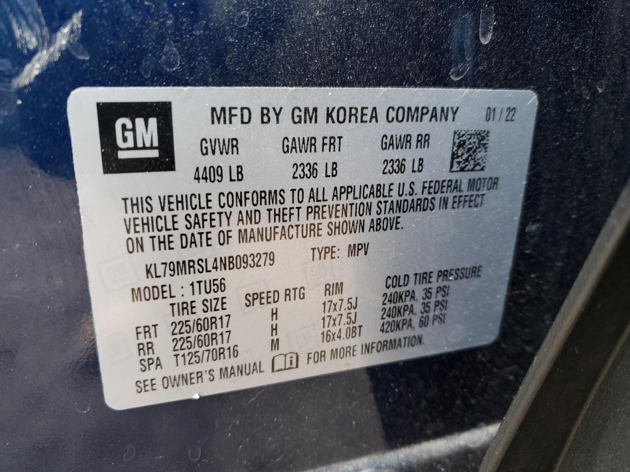 KL79MRSL4NB093279 CHEVROLET TRAILBLZR 2022