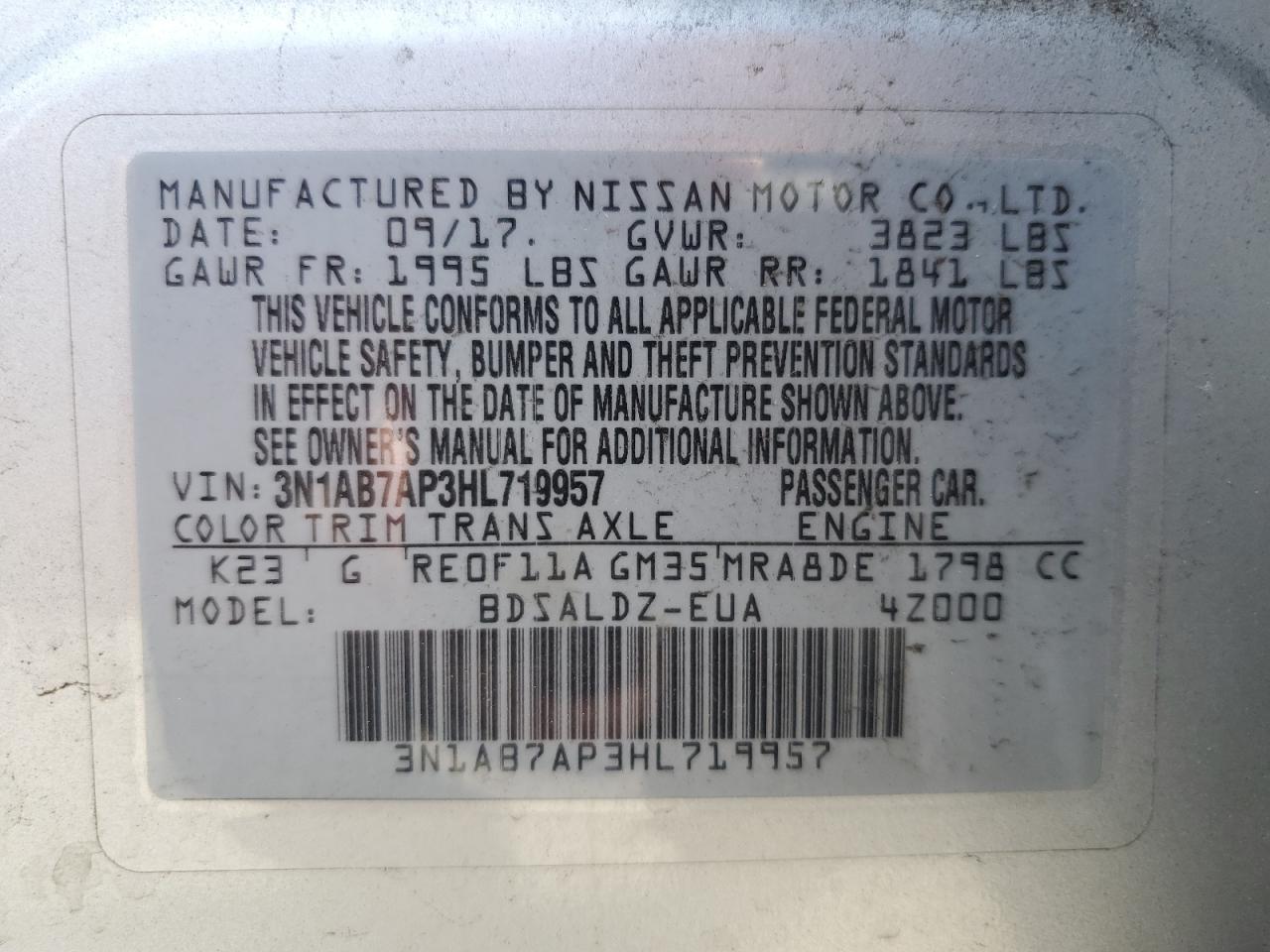 3N1AB7AP3HL719957 NISSAN SENTRA 2017