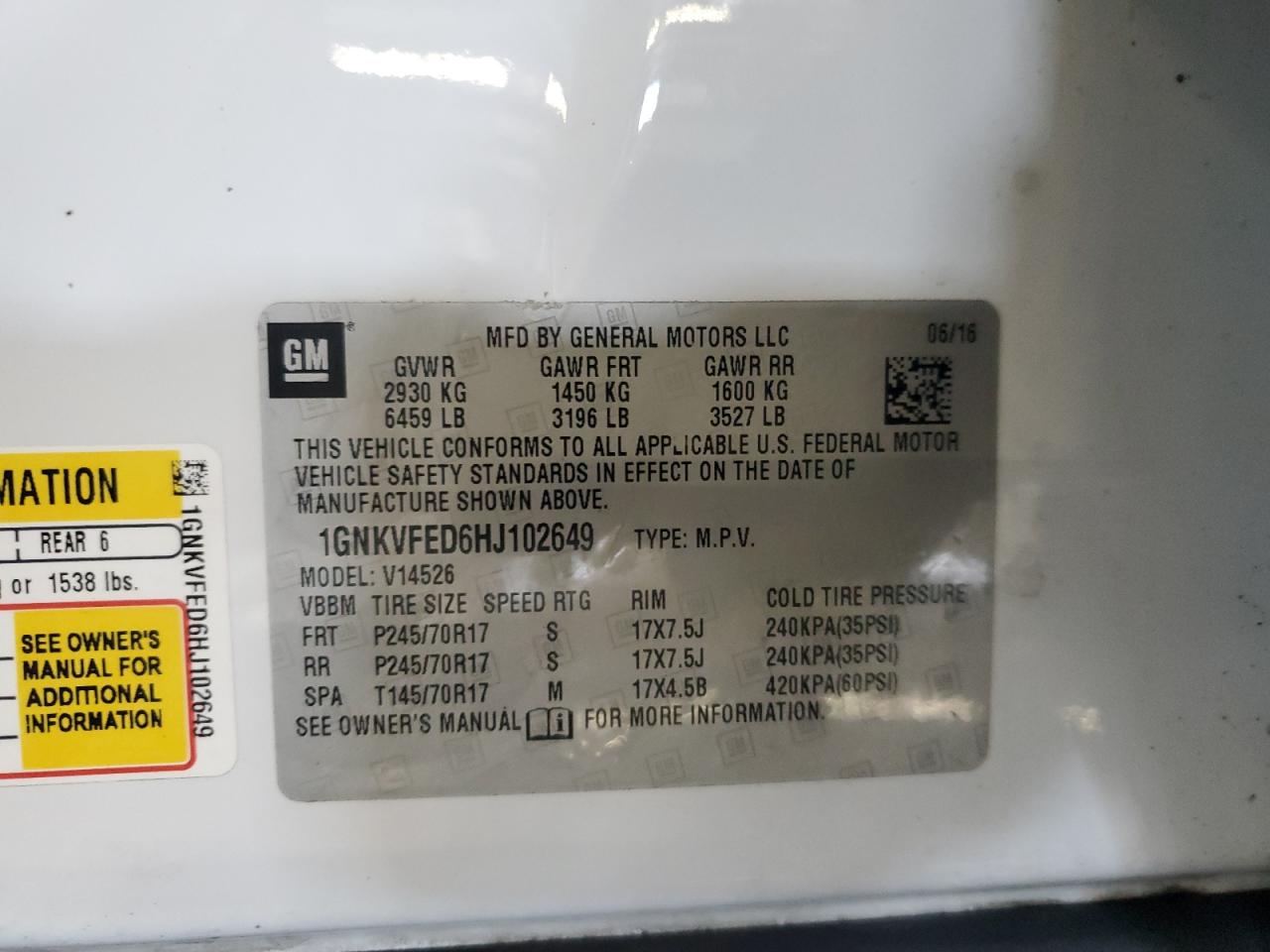 1GNKVFED6HJ102649 CHEVROLET TRAVERSE 2017