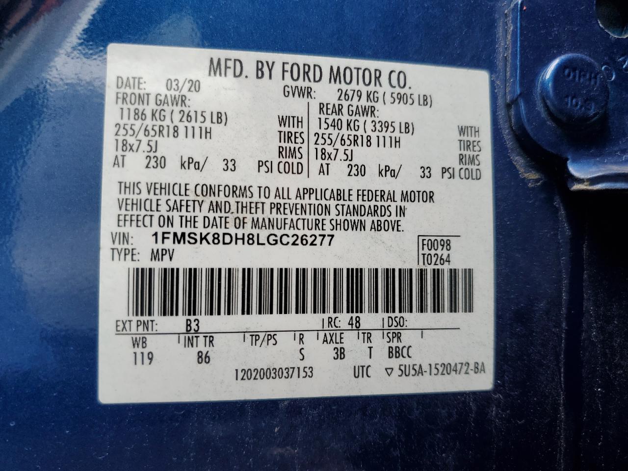 1FMSK8DH8LGC26277 FORD EXPLORER 2020