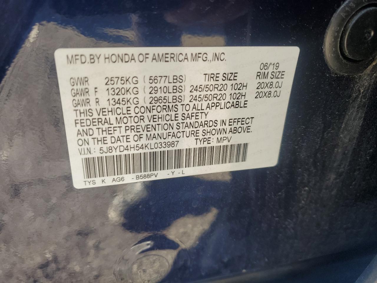 2019 Acura Mdx Technology VIN: 5J8YD4H54KL033987 Lot: 44529105