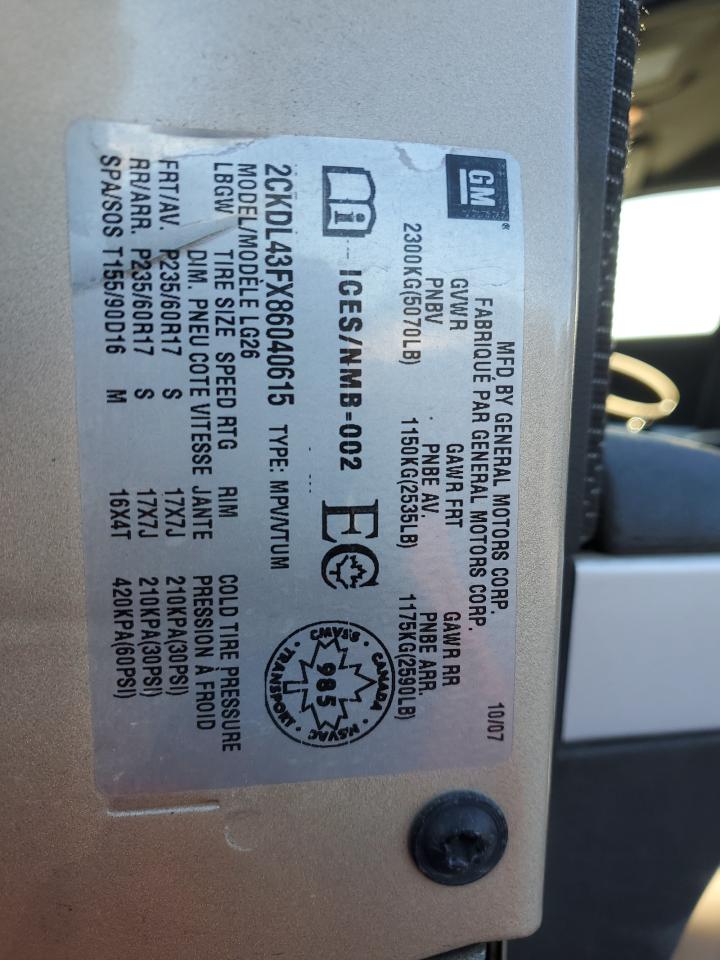 2008 Pontiac Torrent VIN: 2CKDL43FX86040615 Lot: 47273465