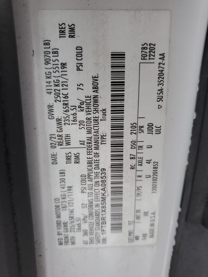 2021 Ford Transit T-250 VIN: 1FTBR1X85MKA08539 Lot: 82447324