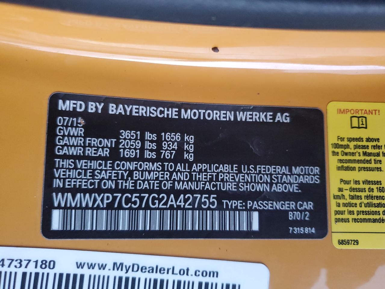 WMWXP7C57G2A42755 MINI COOPER 2016