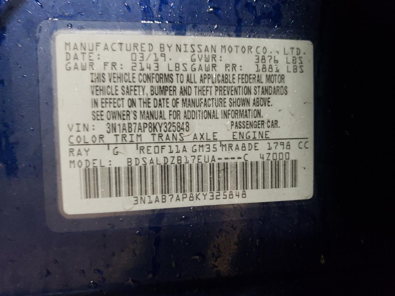 3N1AB7AP8KY325848 NISSAN SENTRA 2019