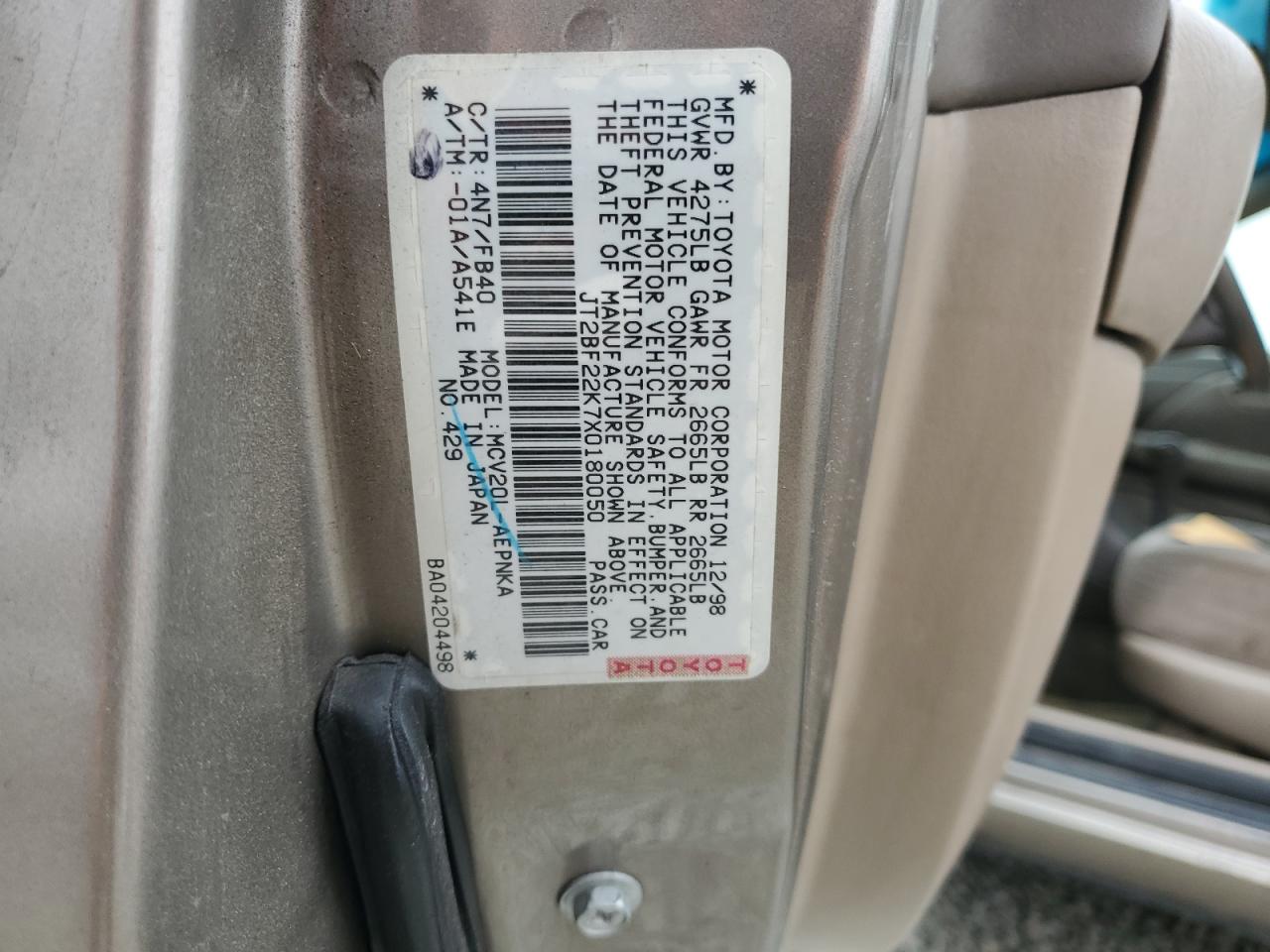 1999 Toyota Camry Le VIN: JT2BF22K7X0180050 Lot: 43640395