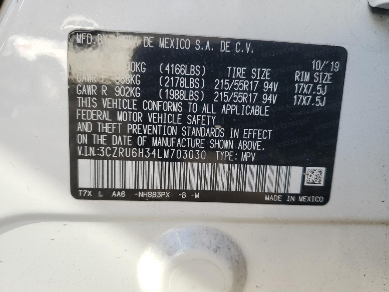 3CZRU6H34LM703030 HONDA HR-V 2020