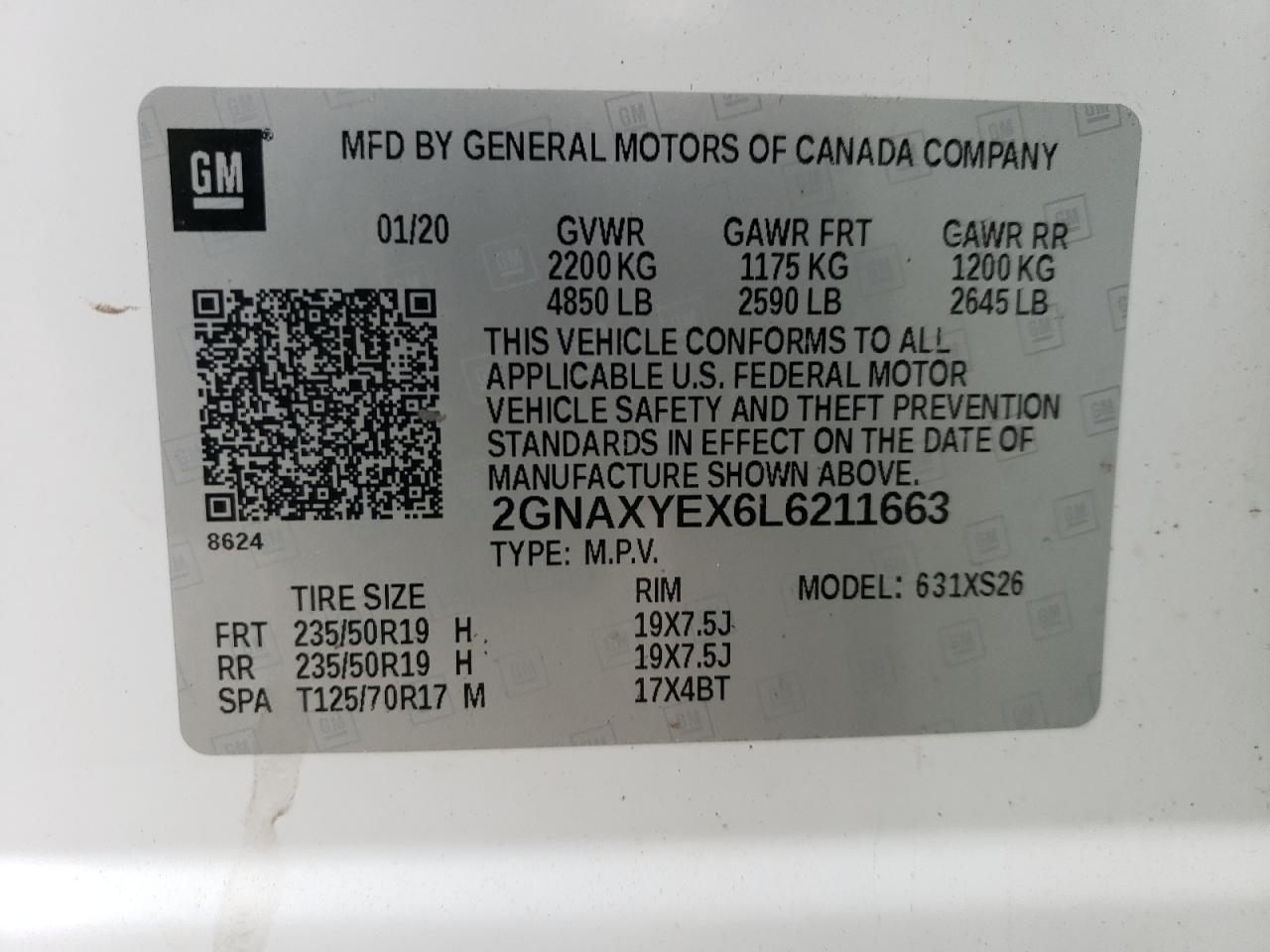 2GNAXYEX6L6211663 CHEVROLET EQUINOX 2020
