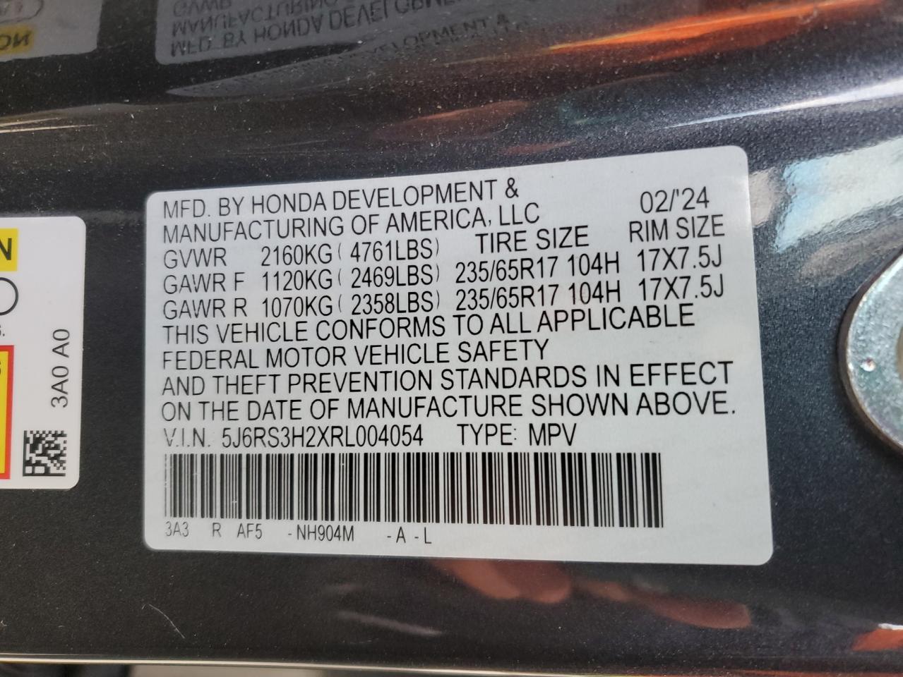5J6RS3H2XRL004054 HONDA CRV 2024