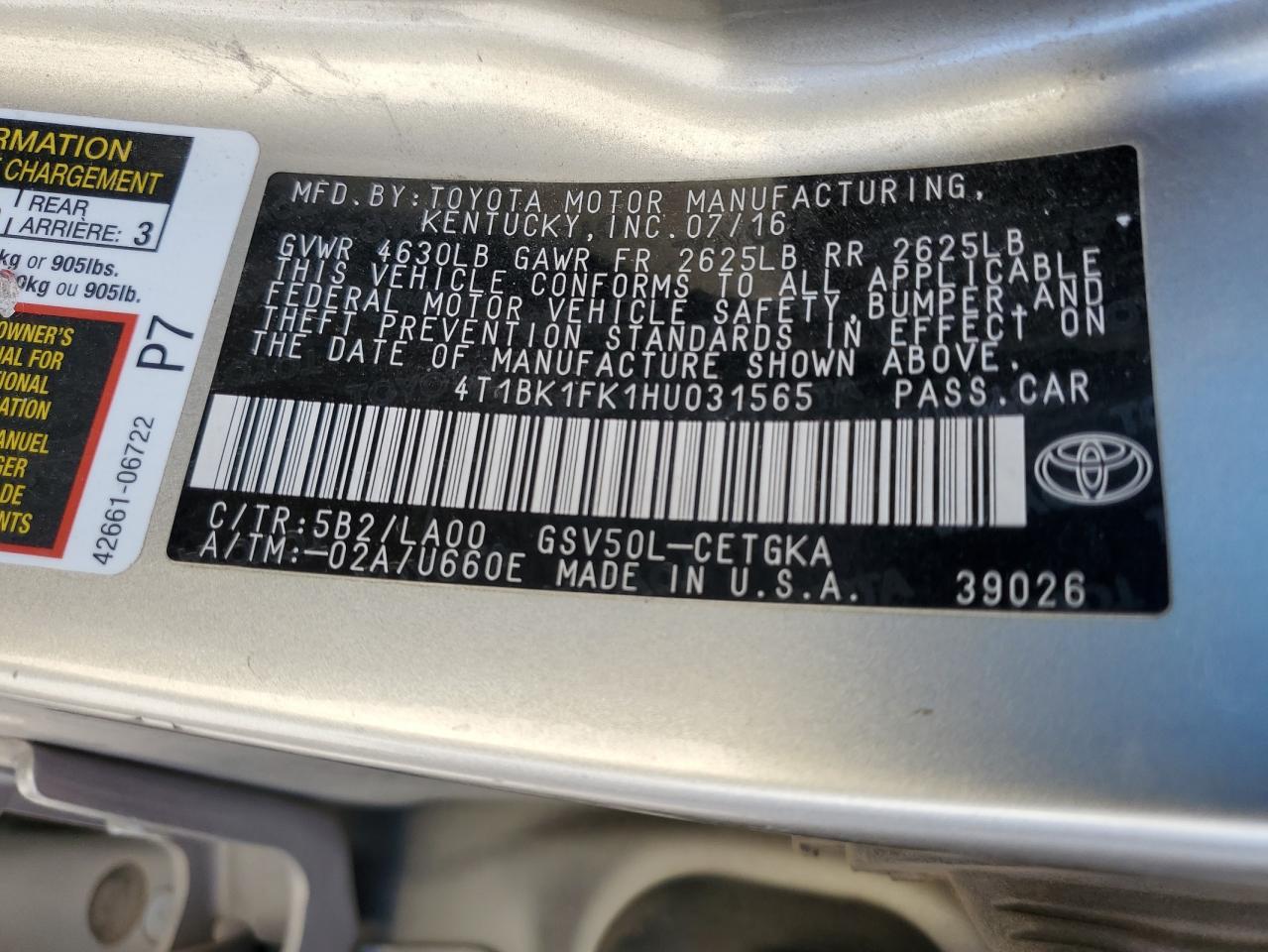 4T1BK1FK1HU031565 TOYOTA CAMRY 2017
