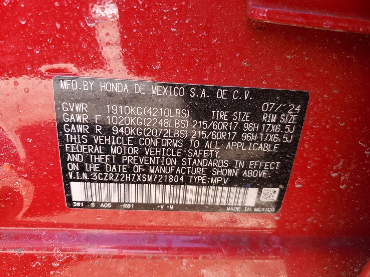 3CZRZ2H7XSM721804 HONDA HR-V 2025