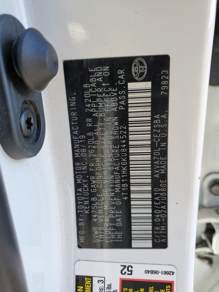 4T1B11HK6KU844522 TOYOTA CAMRY 2019