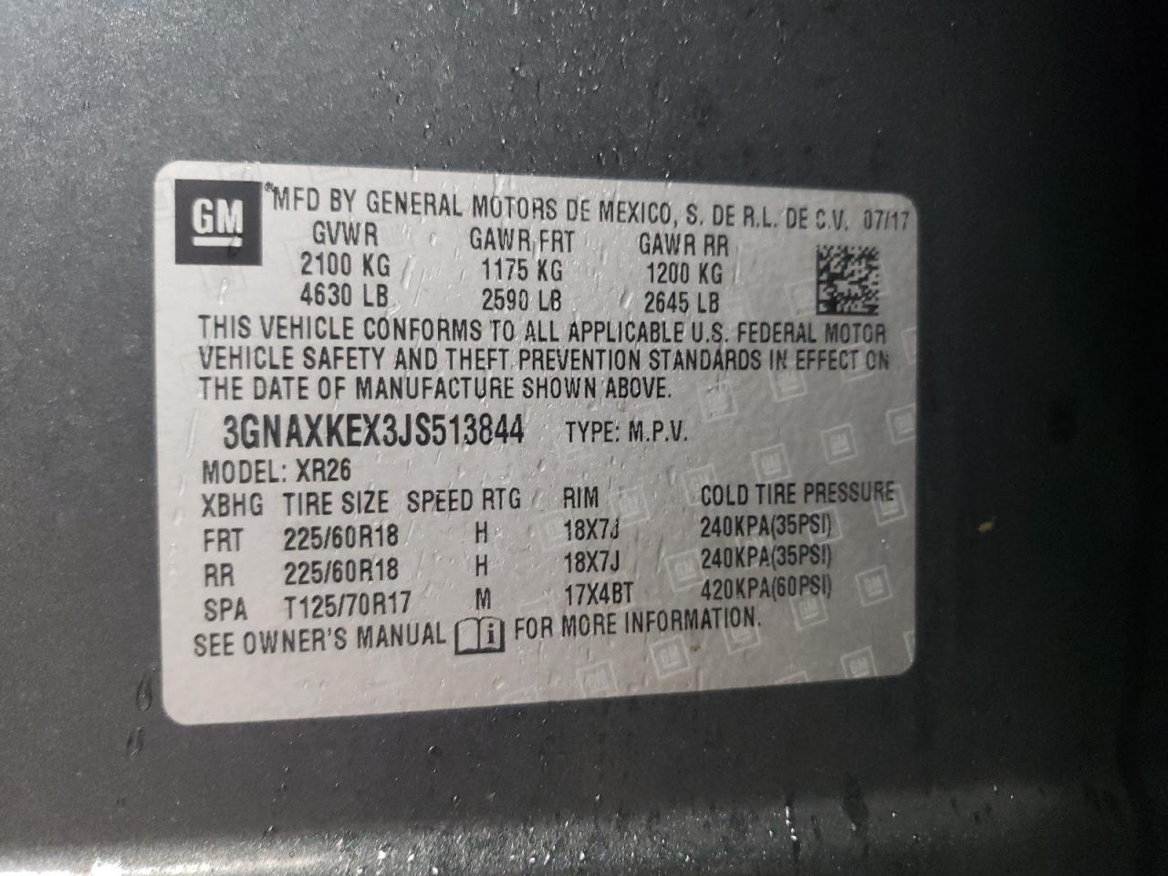 2018 Chevrolet Equinox Lt VIN: 3GNAXKEX3JS513844 Lot: 43262945