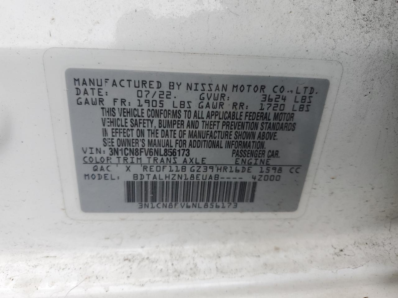 3N1CN8FV6NL856173 NISSAN VERSA 2022