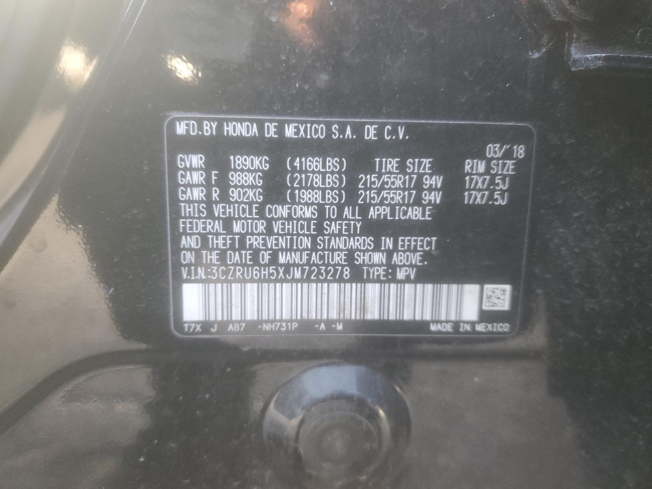 3CZRU6H5XJM723278 HONDA HR-V 2018