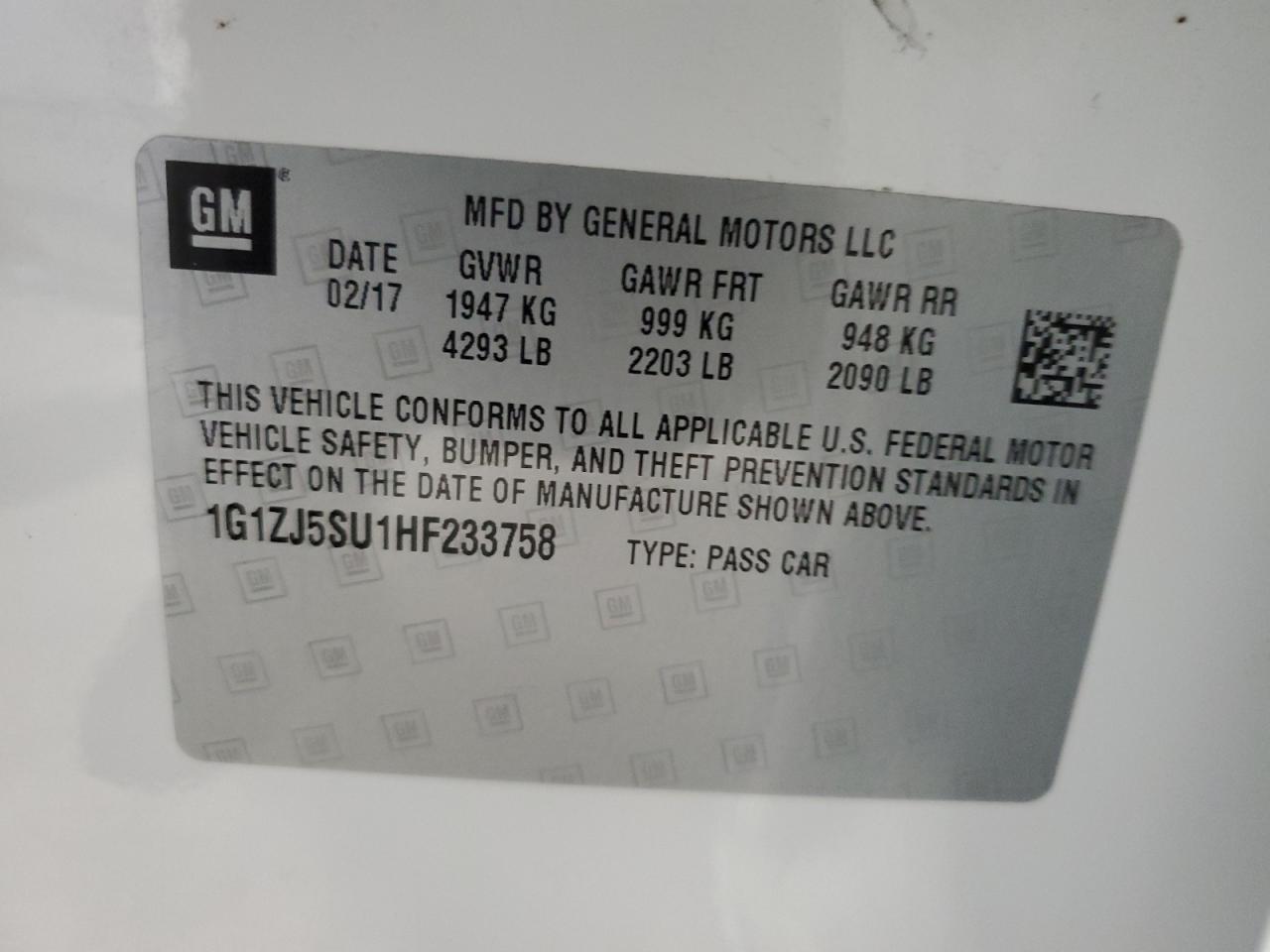 1G1ZJ5SU1HF233758 CHEVROLET MALIBU 2017