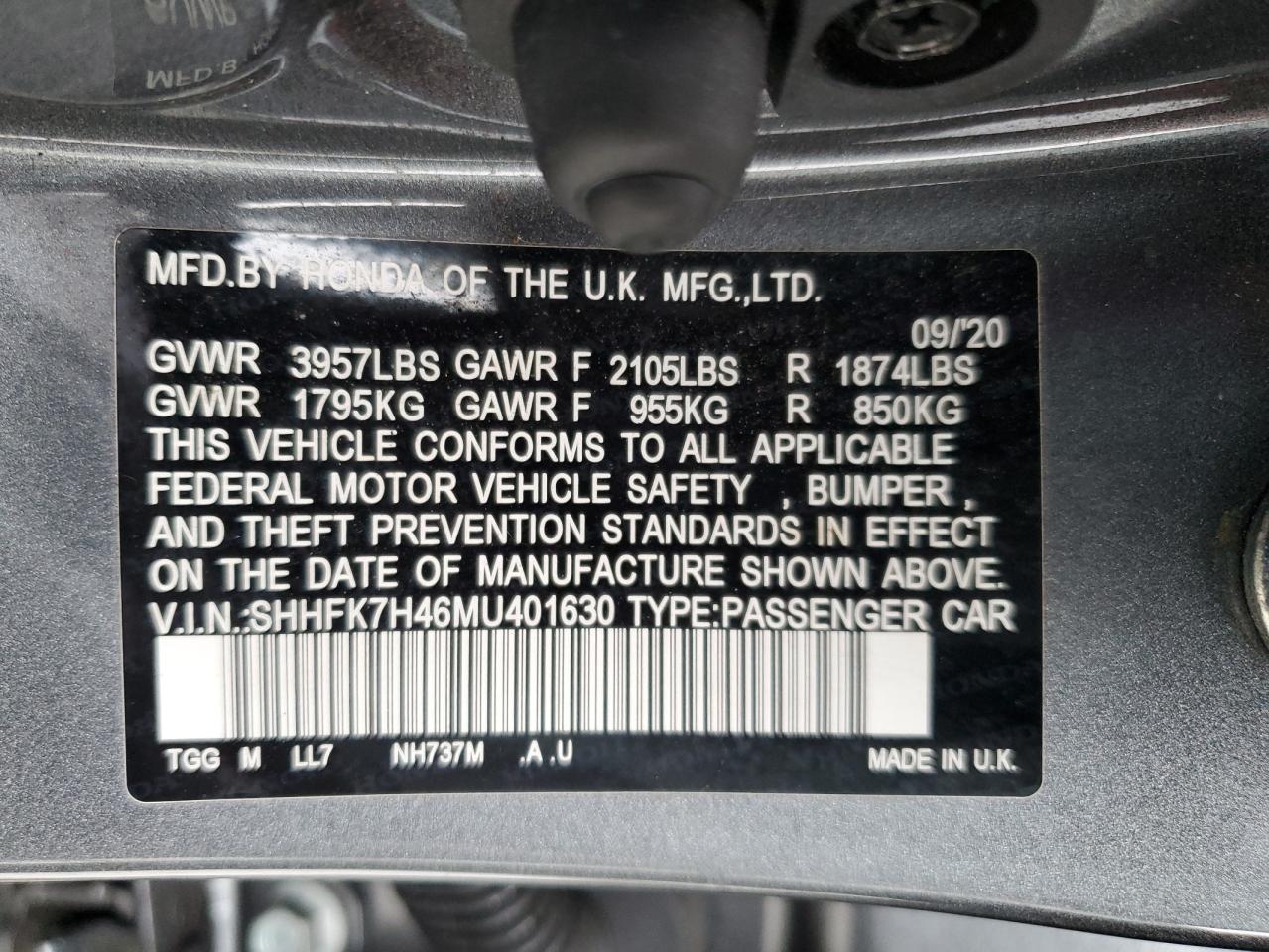 SHHFK7H46MU401630 HONDA CIVIC 2021