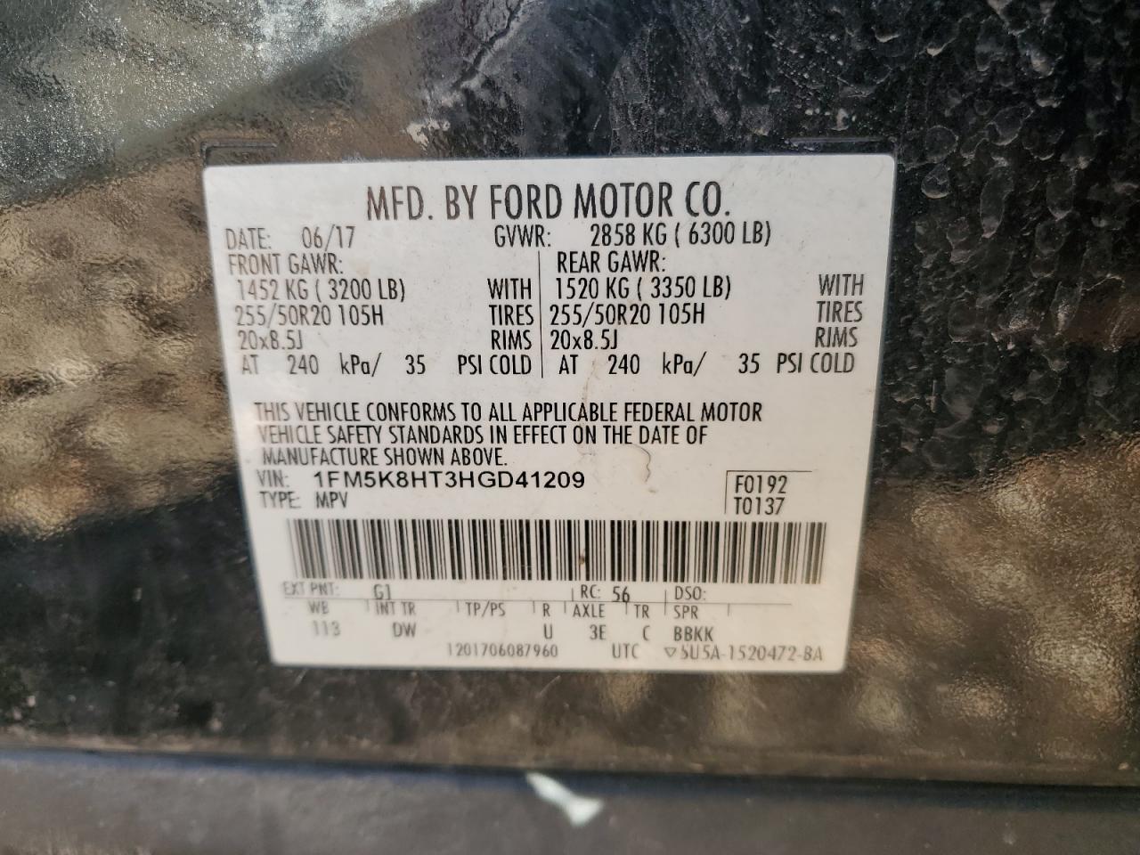 1FM5K8HT3HGD41209 FORD EXPLORER 2017