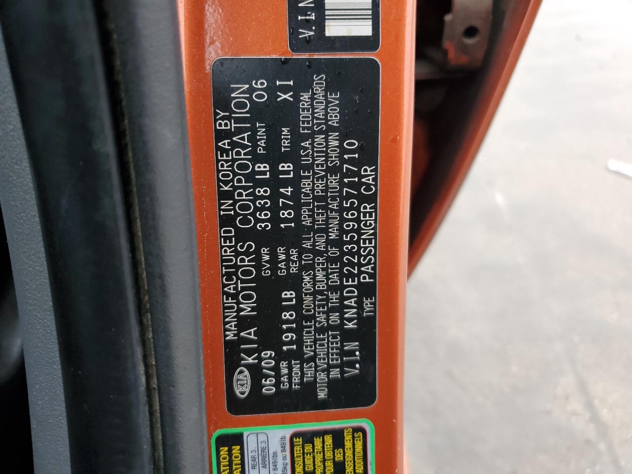 2009 Kia Rio Base VIN: KNADE223596571710 Lot: 54507115