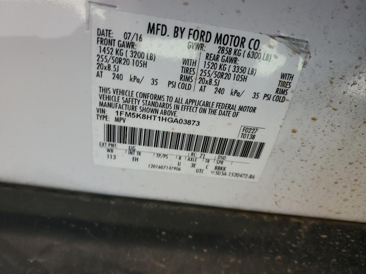 1FM5K8HT1HGA03873 FORD EXPLORER 2017