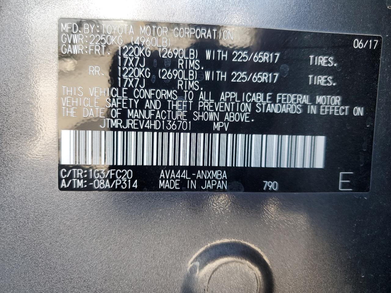 JTMRJREV4HD136701 TOYOTA RAV4 2017