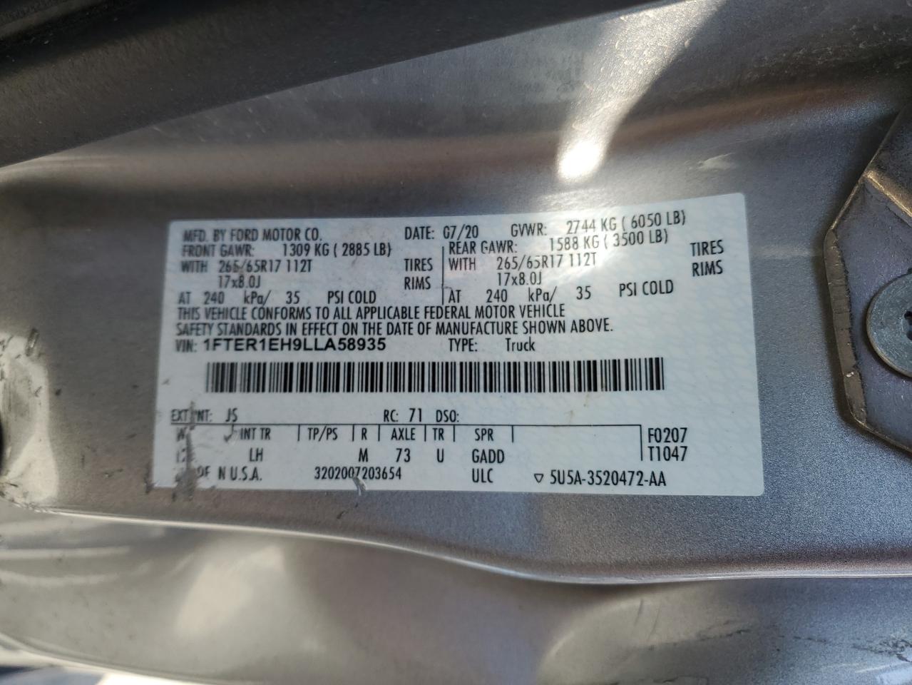 1FTER1EH9LLA58935 FORD RANGER 2020