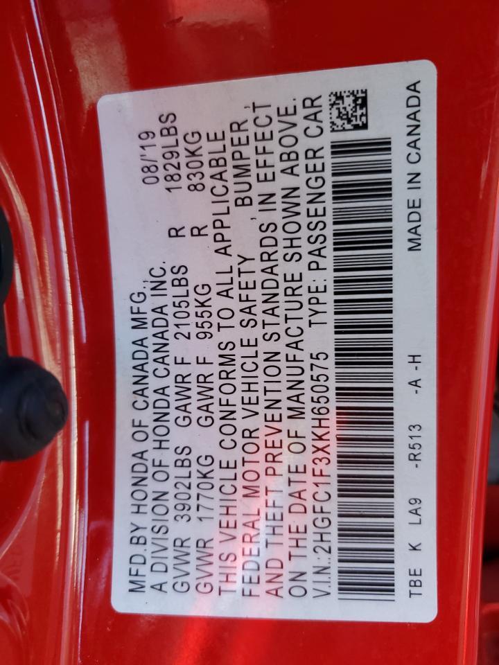 2019 Honda Civic Ex VIN: 2HGFC1F3XKH650575 Lot: 44675455