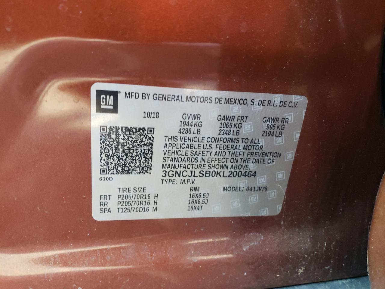 3GNCJLSB0KL200464 CHEVROLET TRAX 2019