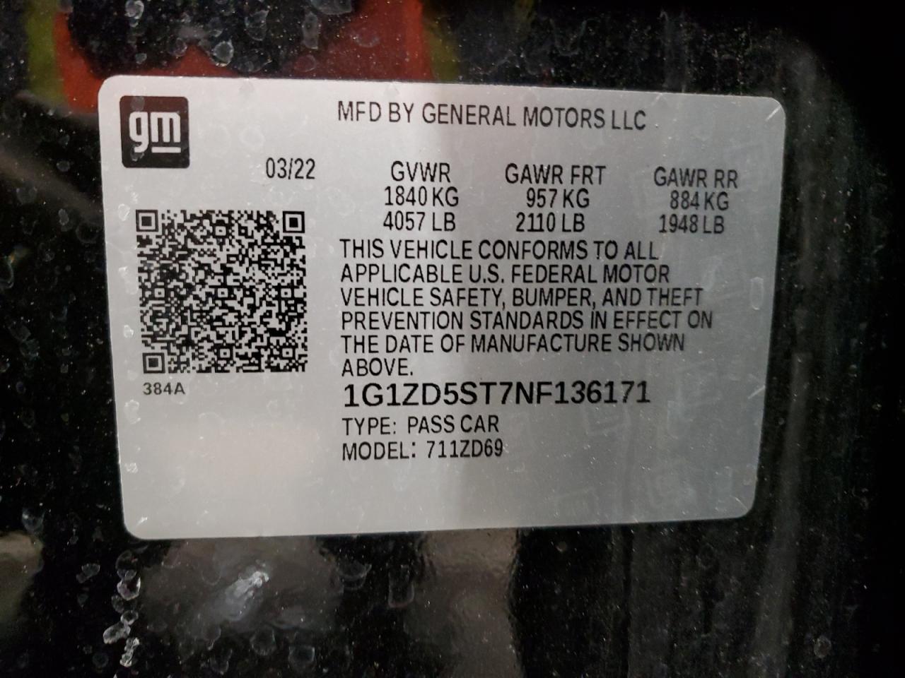 1G1ZD5ST7NF136171 CHEVROLET MALIBU 2022