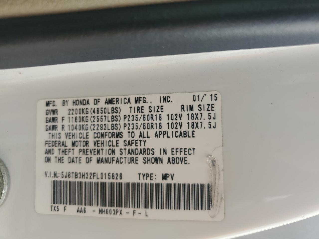 2015 Acura Rdx VIN: 5J8TB3H32FL015826 Lot: 66352485