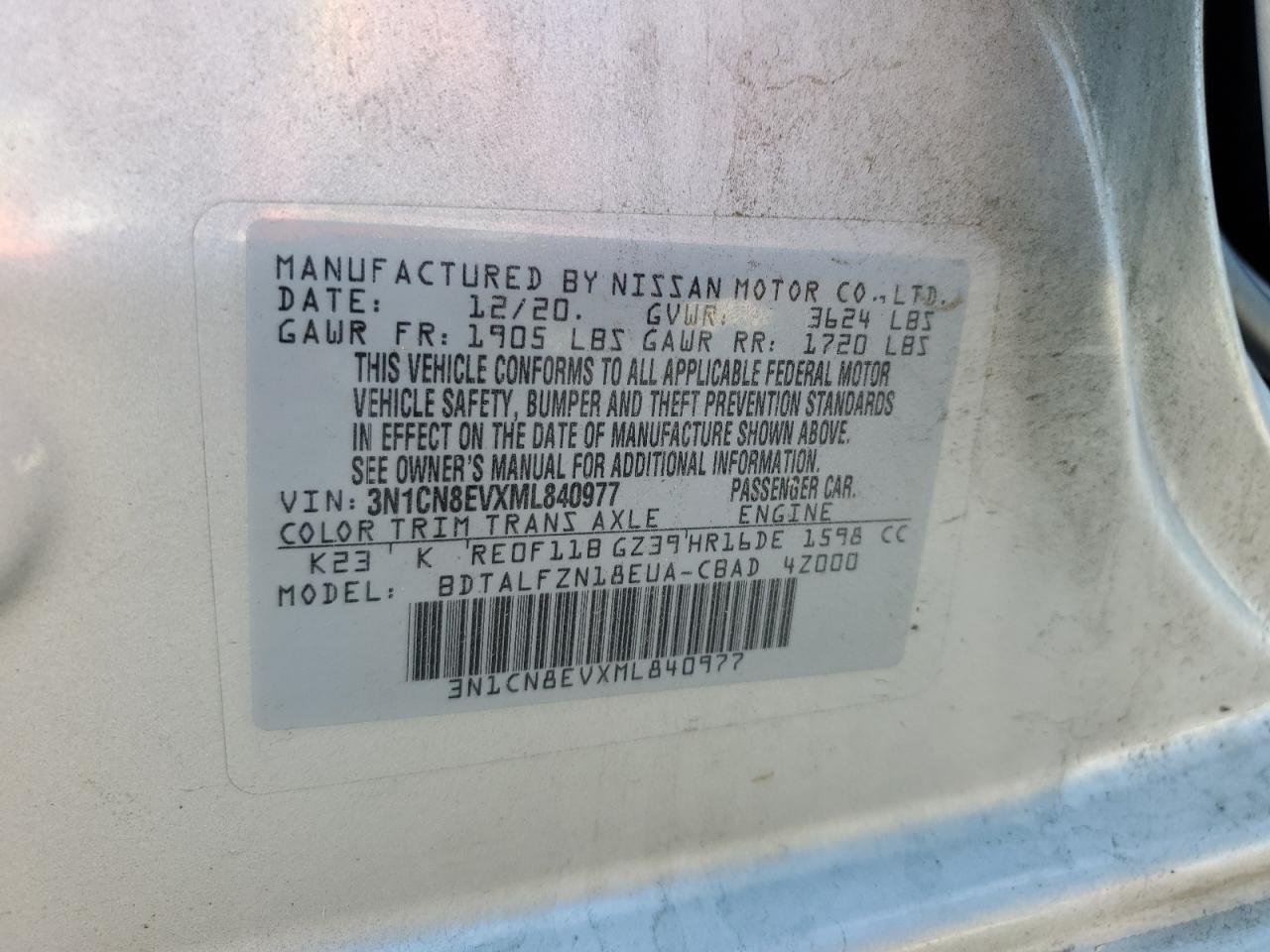 3N1CN8EVXML840977 NISSAN VERSA 2021