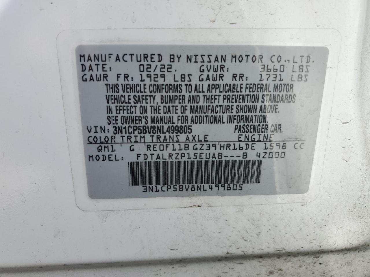 3N1CP5BV8NL499805 NISSAN KICKS 2022