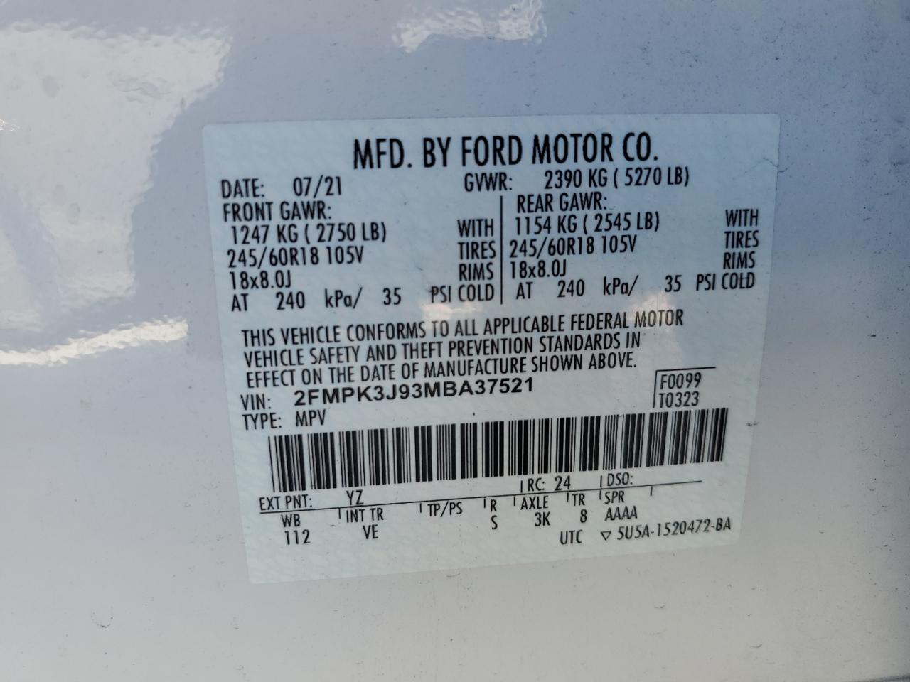 2FMPK3J93MBA37521 FORD EDGE 2021